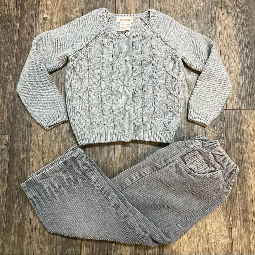 Kids Button Down Gray Knitted Cardigan and Corduroy Pants Size 18-24 Months